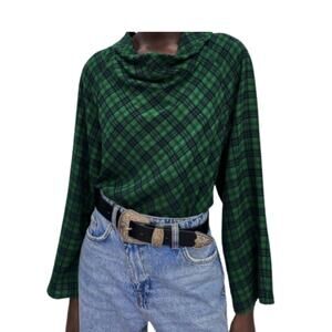 Zara Plaid Cowl Neck Blouse XS Green Blue Bell Sleeve Long Sleeve Top